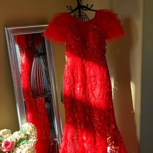 Elegant red embroidered lace evening gown